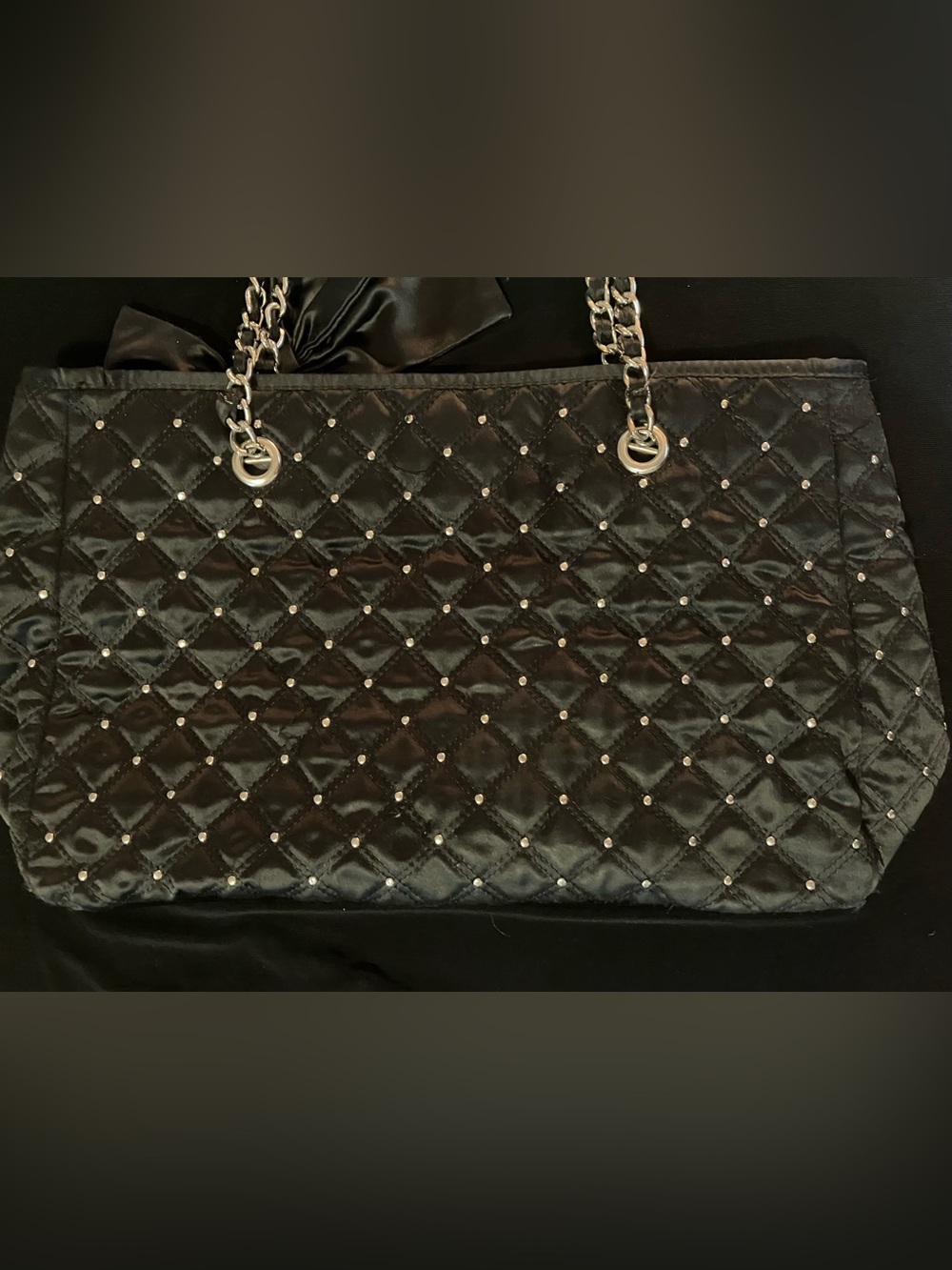 New White House Black Market Black Quilted Tote with Bow and Chain Handles - Picture 3 of 7